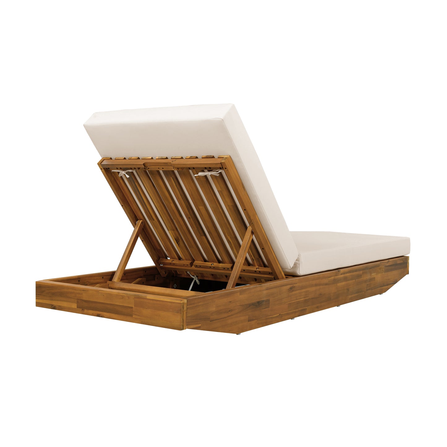 Acacia Wood Chaise Lounge with Cushion - Teak Finish Outdoor Recliner with  Cream Water-Repellent Cushion, 79.6" L x 29" W, 300 lbs