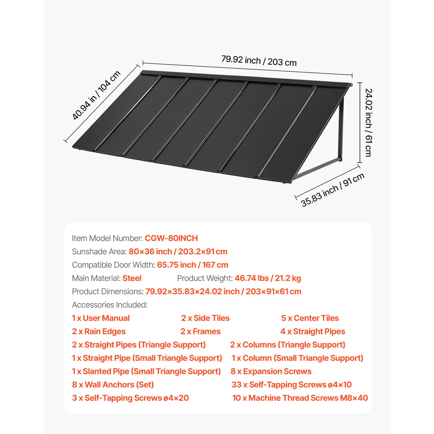 Window Awning Door Canopy 80x36 in Outdoor Steel Front Door Awnings Anti-Rust