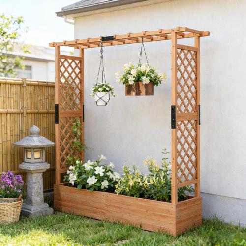 44 .1 in. x 70.9 in. Brown Wood Garden Trellis with Wood Planter Box, Drainage Hole and Fabric Filter