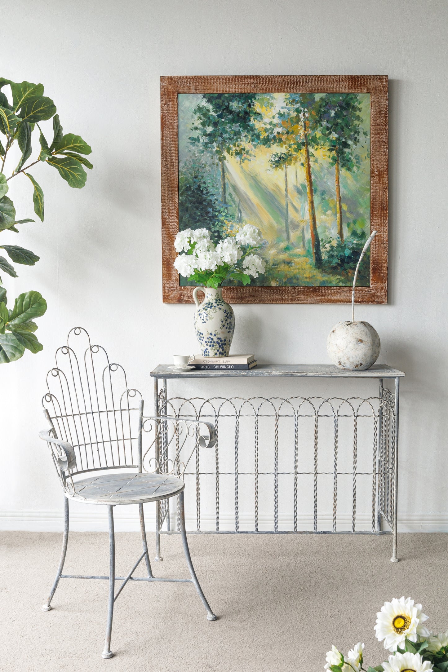 23x22x38" Distressed Silver Finish Iron Accent Chair, French Country Armchair, Outdoor Garden Seating