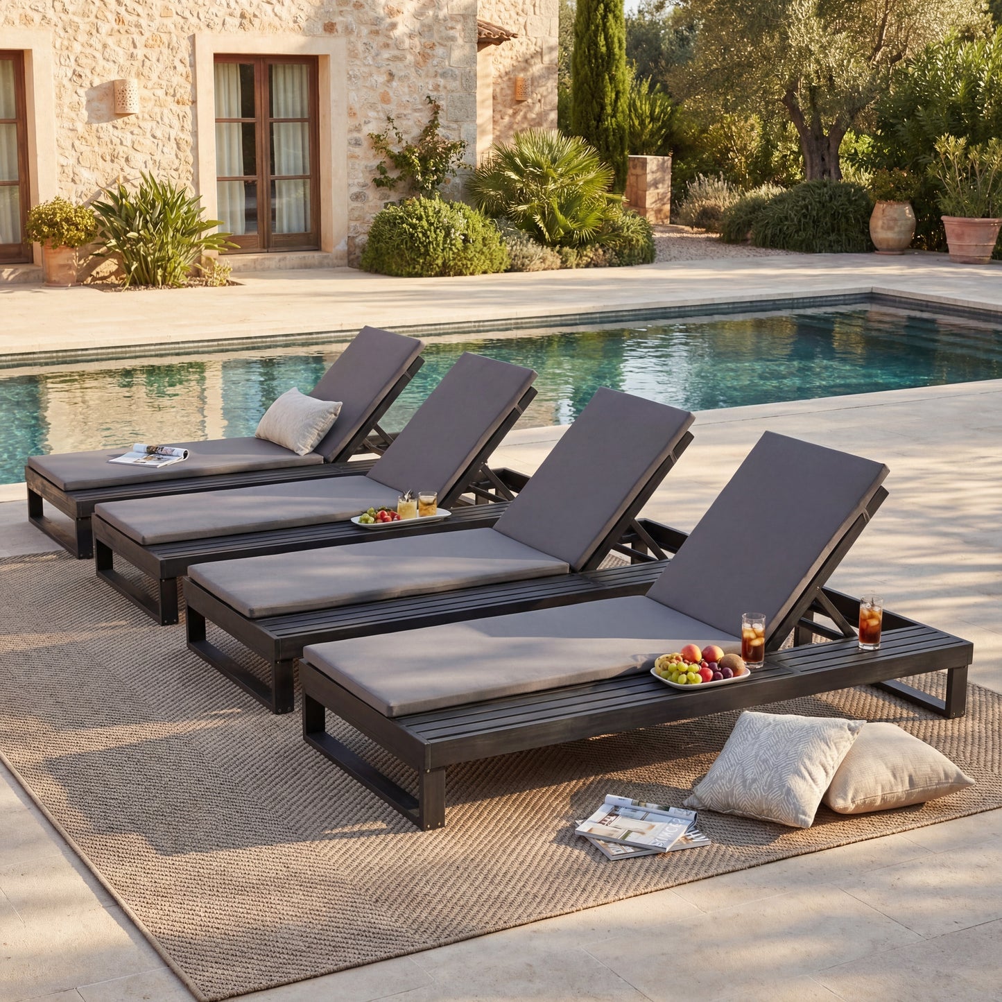 Black Acacia Wood Chaise Lounge with 1.57-Inch Dark Gray 2-Fold Cushion Set, 4-Position Adjustable with Flat Side Surface, for Poolside - Matching cream,leaf coconut version available