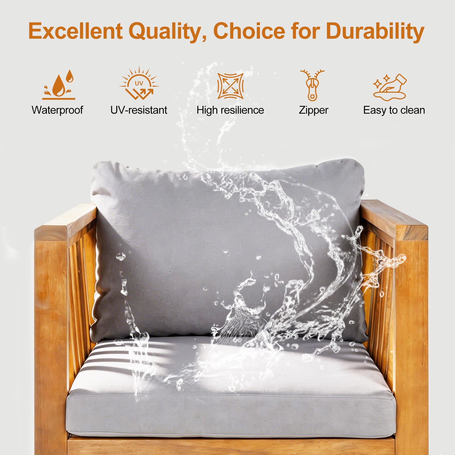 Outdoor Acacia Wood Club Chair with Modern Square Arms, Patio Chair with Thick Cushion, Adjustable Leveling Feet for Poolside, Backyard & Deck, Grey Cushion