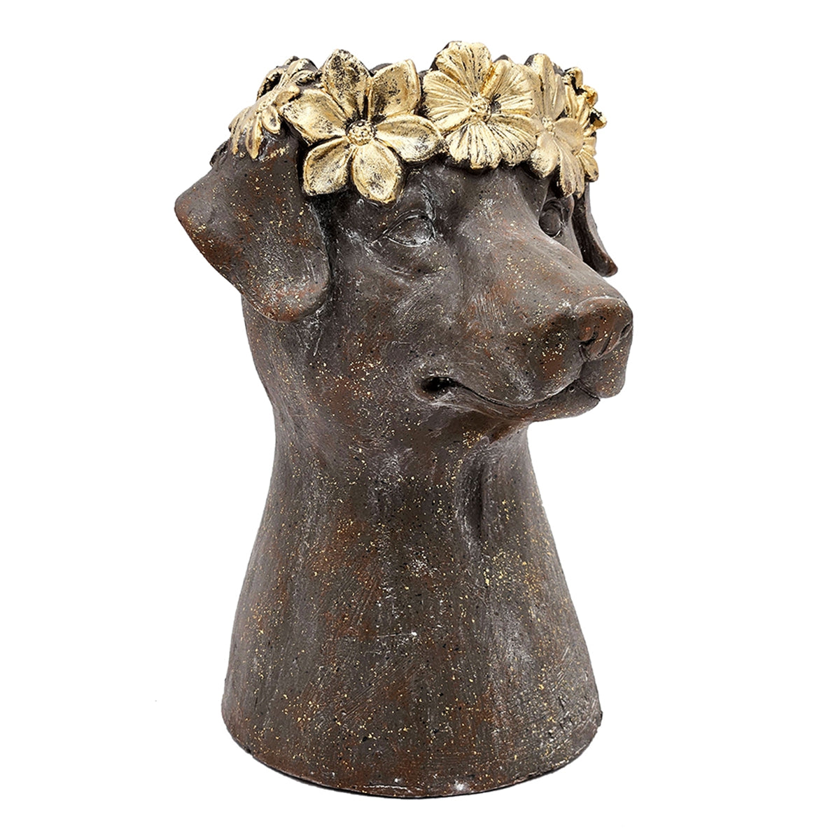 9.3x9.3x13" Magnesium Dog Statue Planter with Textured Brown Finish and Gold Leaf Crown
