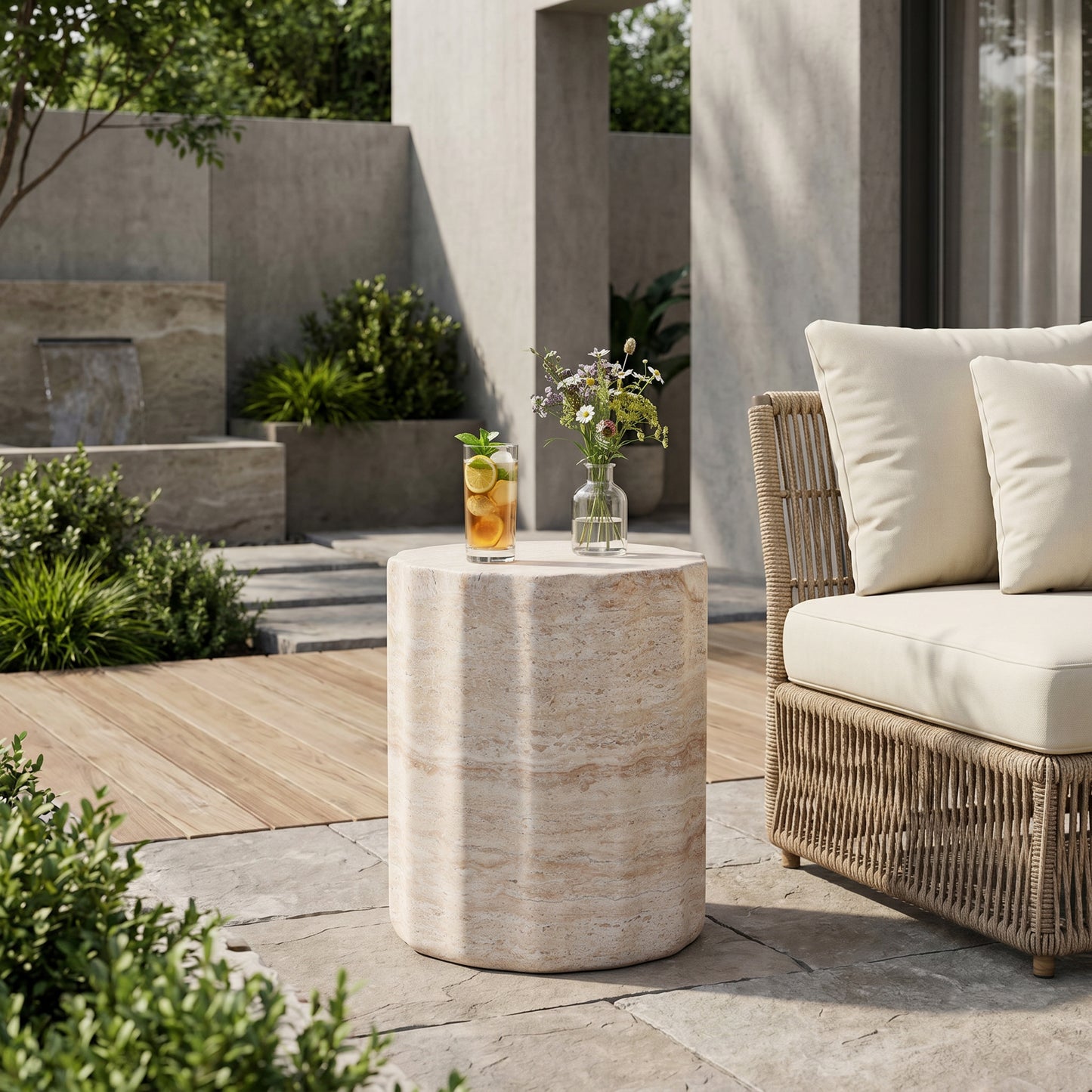 Outdoor/Indoor Lightweight Concrete Side Table,Travertine Finish