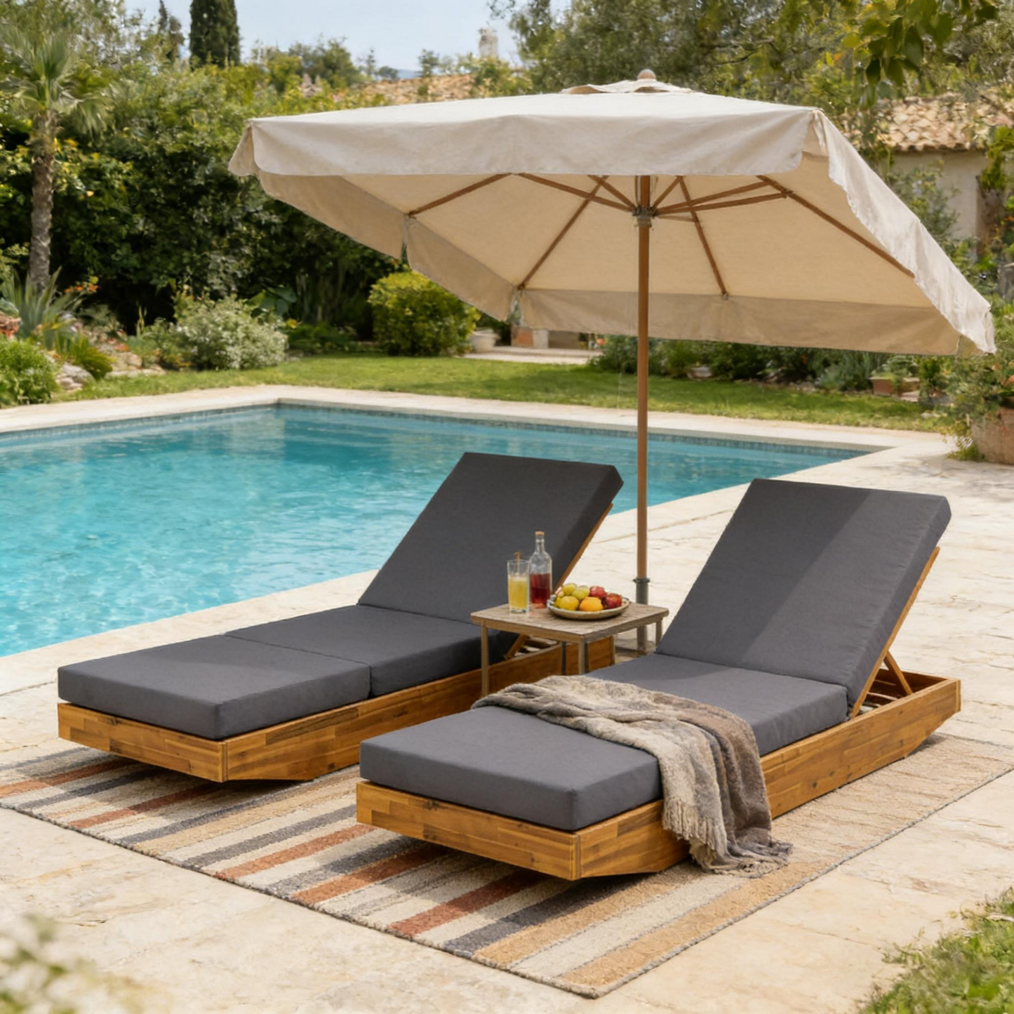 Acacia Wood Chaise Lounge with Cushion - Teak Finish Outdoor Recliner with Dark Grey 3-Fold Water-Repellent Cushion, 300lbs Capacity