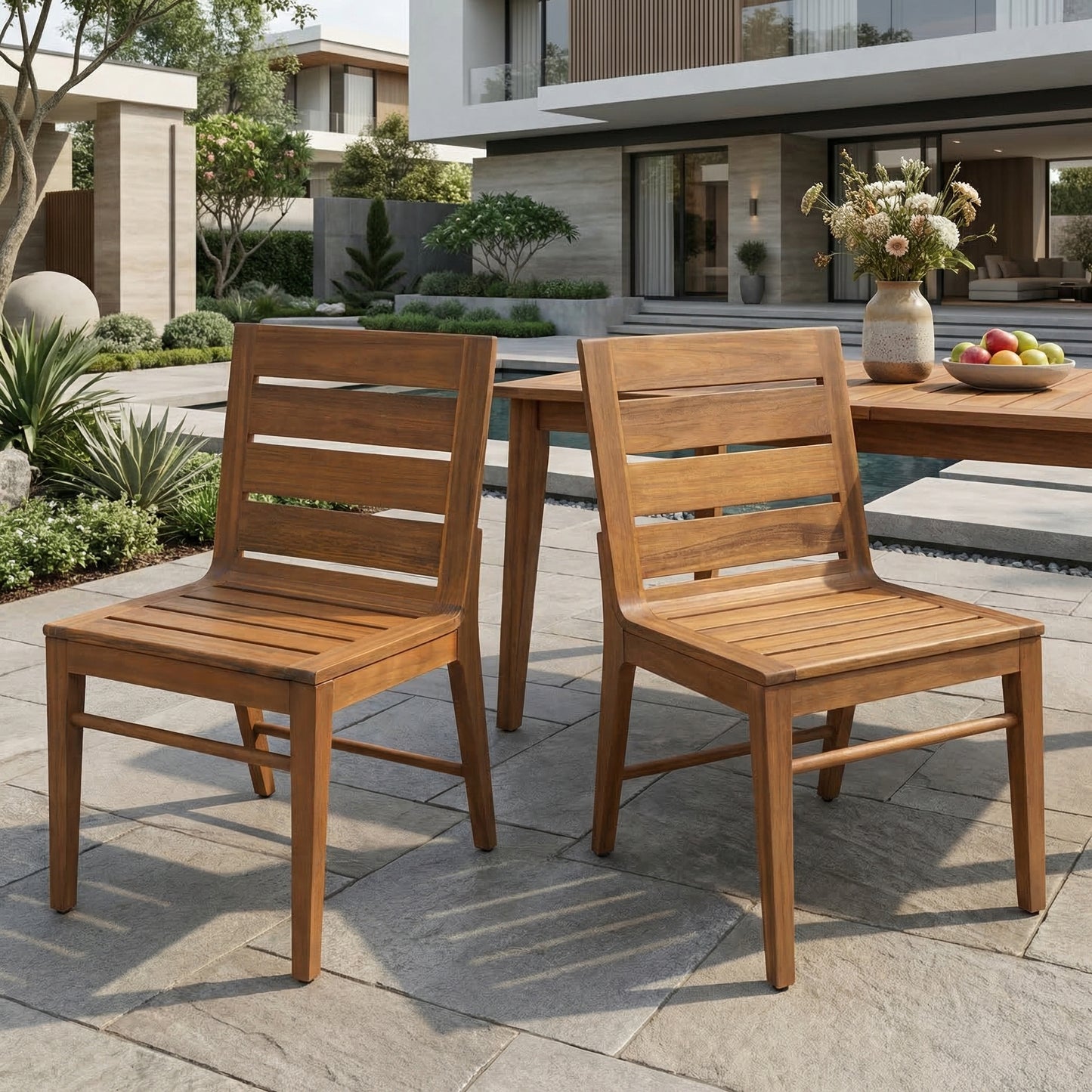 Outdoor Acacia Wood Dining Chair (Set of 2), Teak Finish Patio Chair with Ergonomic Curved Back, Weather Resistant Side Chair for Garden, Backyard, Patio