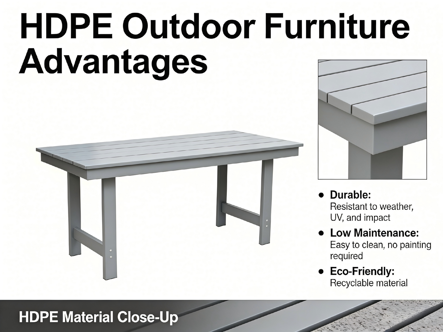 HDPE Patio Dining Family Table, coffee table, outdoor table for 4-6 People with Umbrella Hole for Backyard, Garden, Pool, Grey