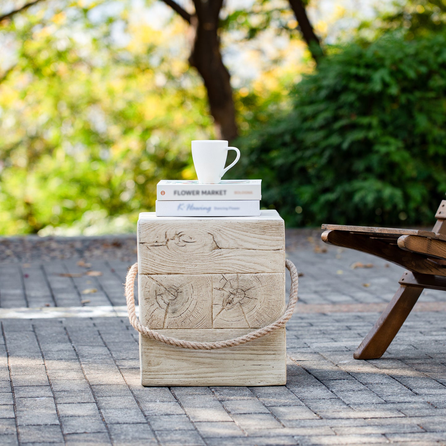 Outdoor Wood Grain Square MGO Side Table with Simulated Braided Cord – Indoor Retro End Table for Home & Patio Decor