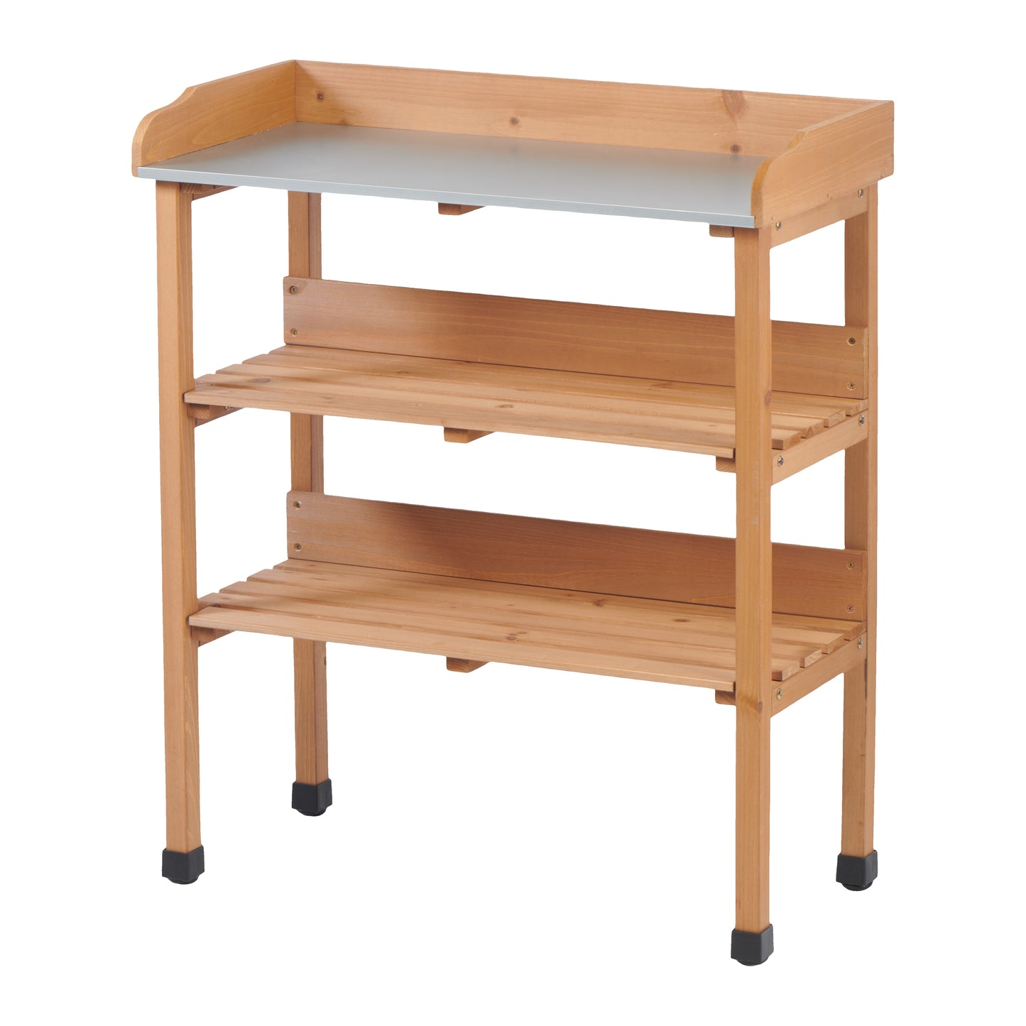 30″x14.5″×35.5″ Potting Table w/Metal Tabletop, 3 Layers Outdoor Work Bench w/Hook for Garden, Solid Wood Workstation for Garage