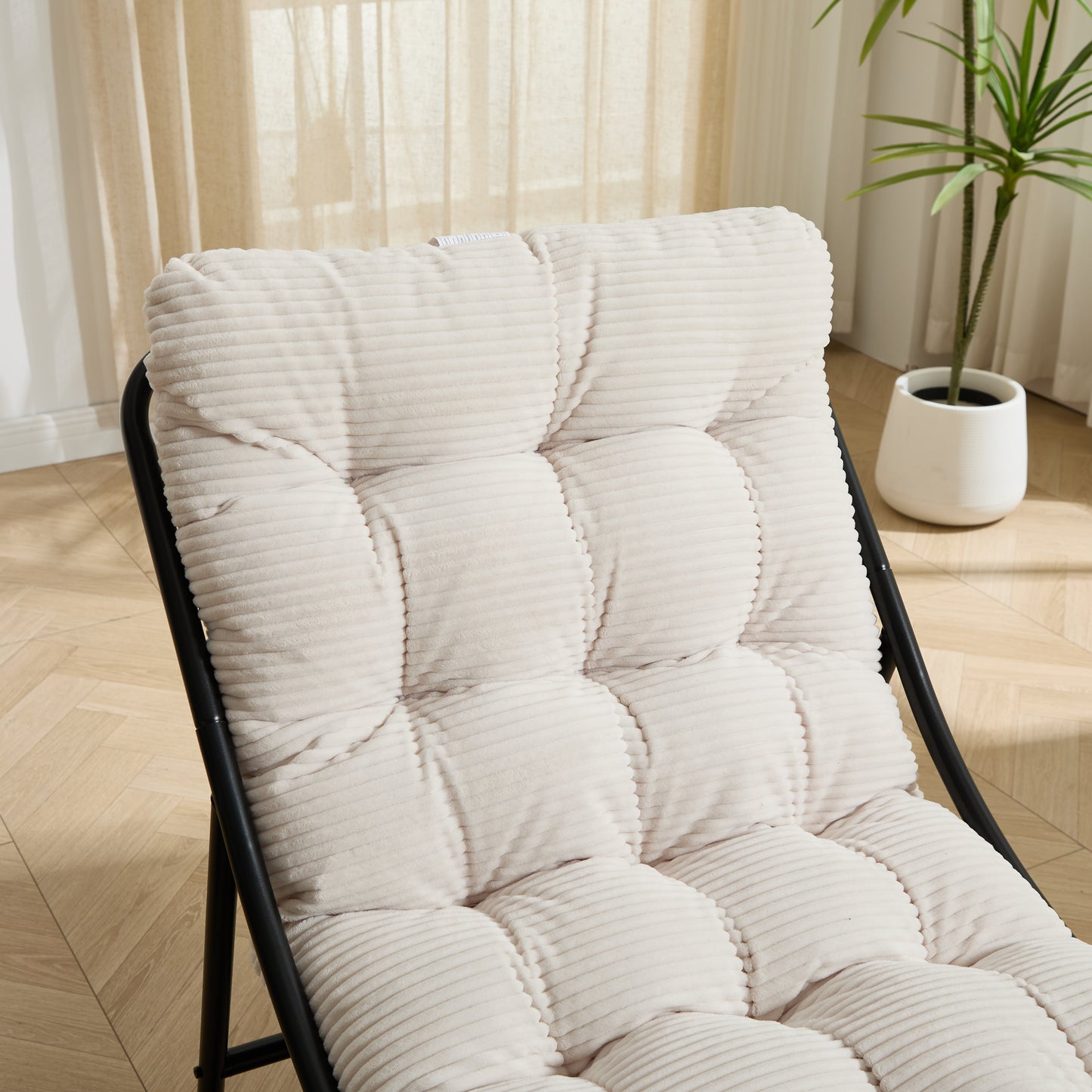 Patio Outdoor Lounge Chair with Ottoman, Comfy Sling Recliner Chair with Puffy Cushion and Foot Stool, Ideal for Living Room, Bedroom, Reading Room, Black frame with white cushion