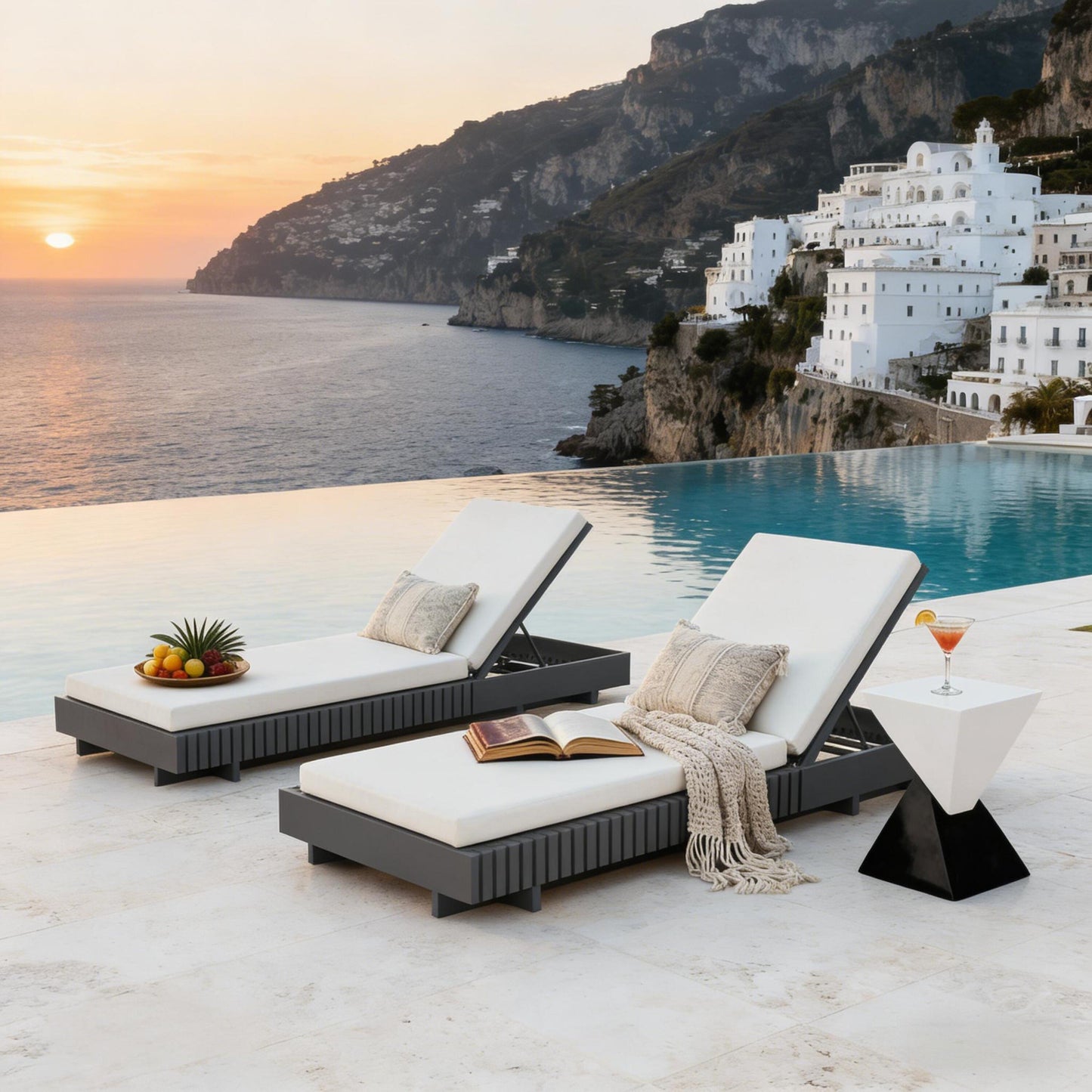 Dark Gray Acacia Solid Wood Outdoor Chaise Lounge with Cream Water-Repellent Cushion, 400lbs Capacity, Modern Patio Sun Lounger for Garden, Poolside