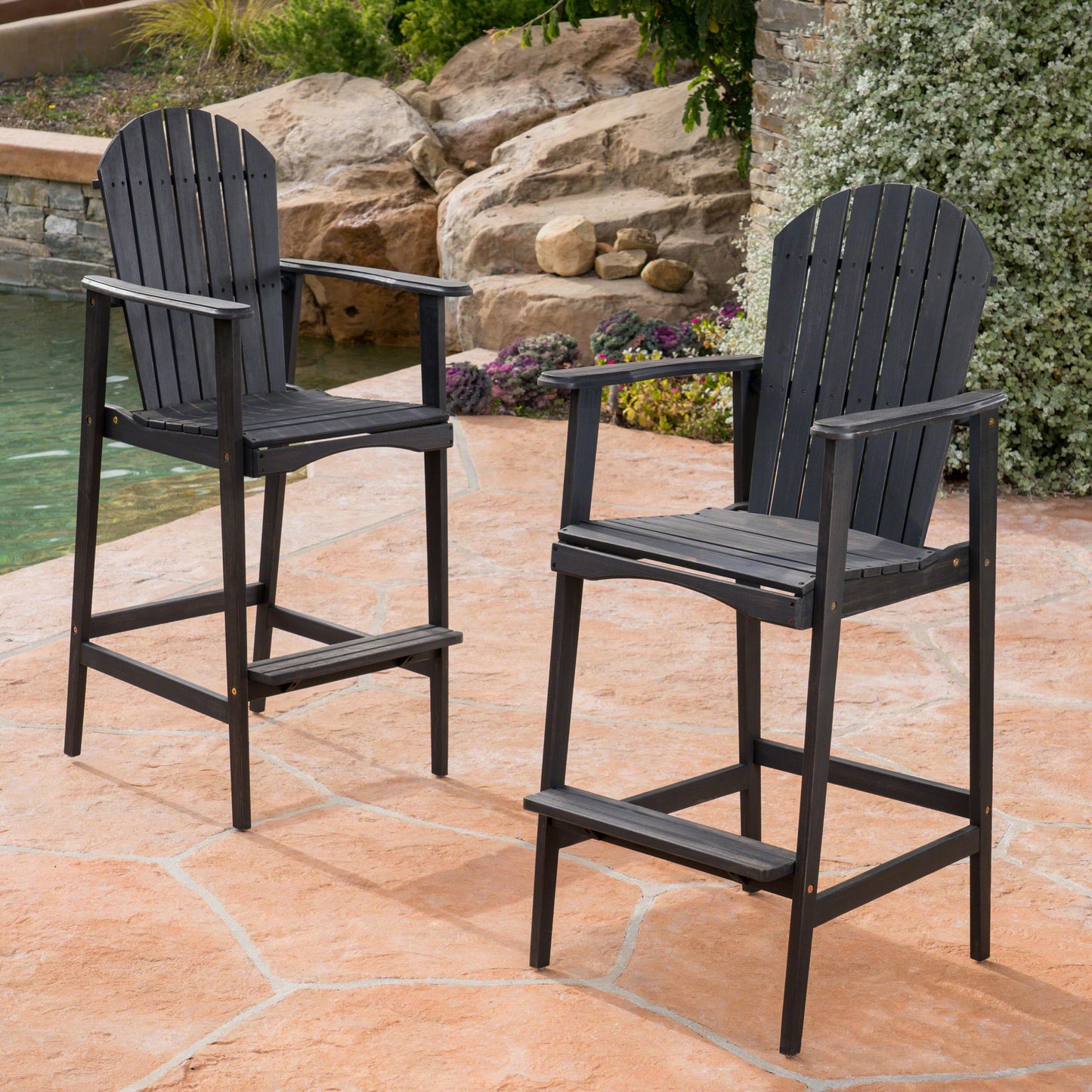 Outdoor Acacia Wood Adirondack Barstools, Set of 2, Dark Gray