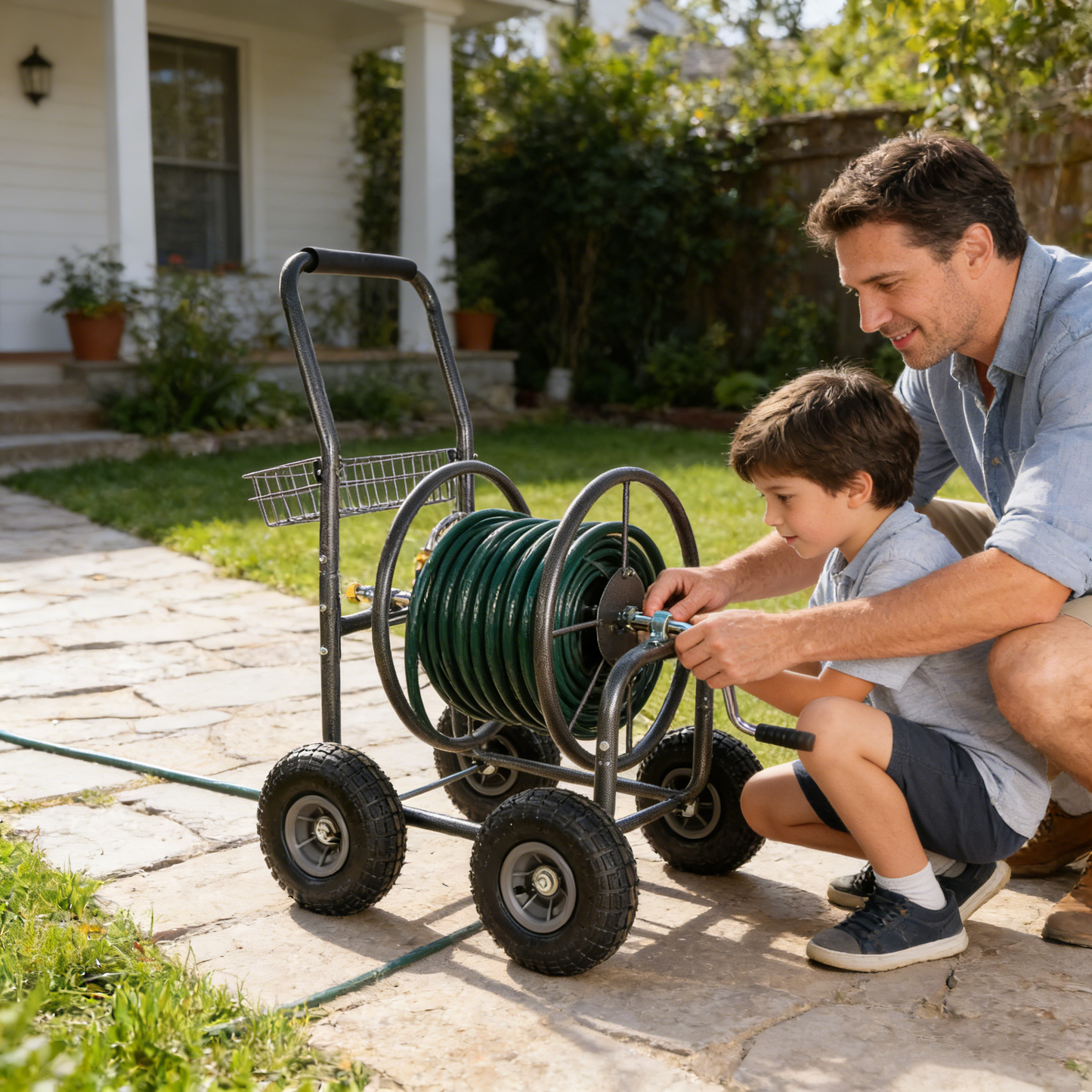 Garden Hose Reel Cart - 4 Wheels Portable Garden Hose Reel Cart with Storage Basket Rust Resistant Heavy Duty Water Hose Holder