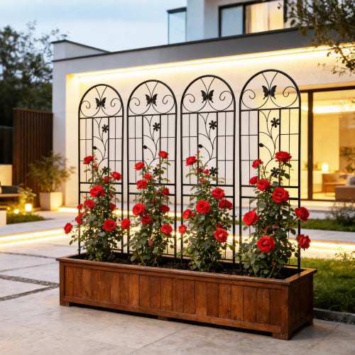 86.7 in. Black Iron Garden Trellis Outdoor Climbing Plant/Flower Support (4-Pack) Butterfly Style