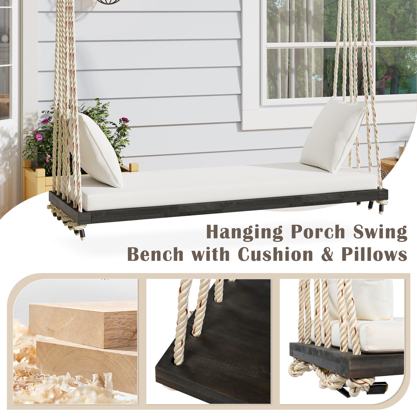 TOPMAX Patio Wooden Swing Chair, Hanging Porch Swing Bench with Cushion&Pillows, 10.8Ft Hemp Ropes for Garden,Backyard, Lawn,Brown