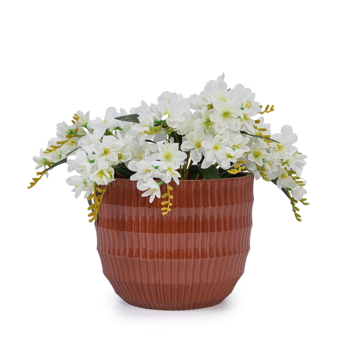 Handmade Solid Glaze Ceramic Planter Set of 4, 7/9/12/14 Inch Diameter, Terra Cotta with Horizontal Grooves, for Herbs & Succulents Outdoor & Indoor Stairs Use, Breathable Clay with Drainage Holes