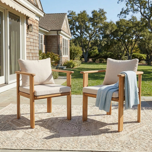 Kaja Outdoor Acacia Wood Dining Chair, Teak Finish Frame With Beige Cushion, Set of 2