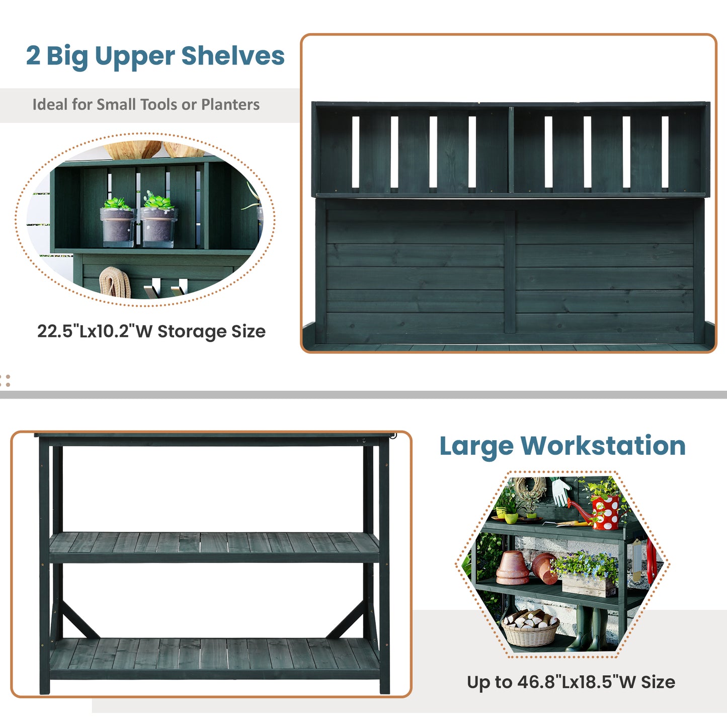 TOPMAX 65" Large Wooden Farmhouse Rustic Outdoor Potting Bench Table, Patio Workstation, Garden Potting Bench with 4 Storage Shelves and Side Hook, Forest Green