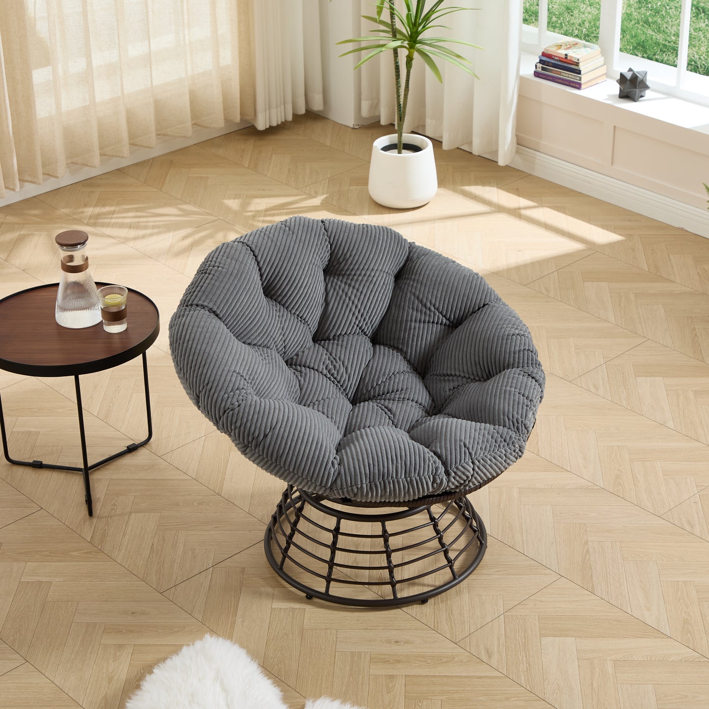 Comfortable Ergonomic Wicker Papasan Chair, 360° Swivel Indoor Outdoor Rattan Chair with Soft Thick Cushion, Ideal for Living Room, Bedroom, Reading Room, Brown Frame with Grey Cushion