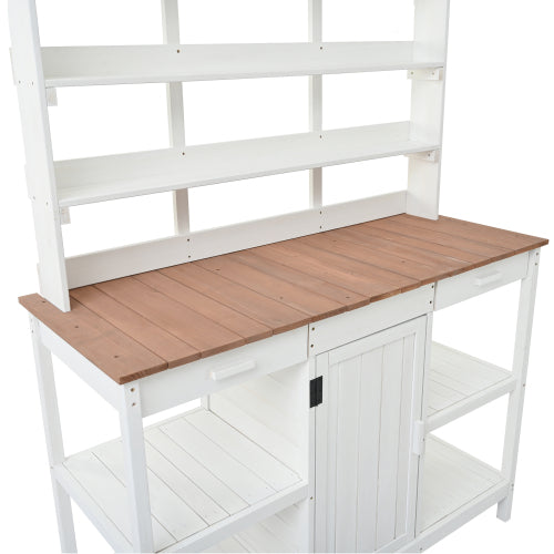 50 in. W x 66 in. H White Outdoor Farmhouse Fir Wood Garden Potting Bench Table with Drawers and Cabinet