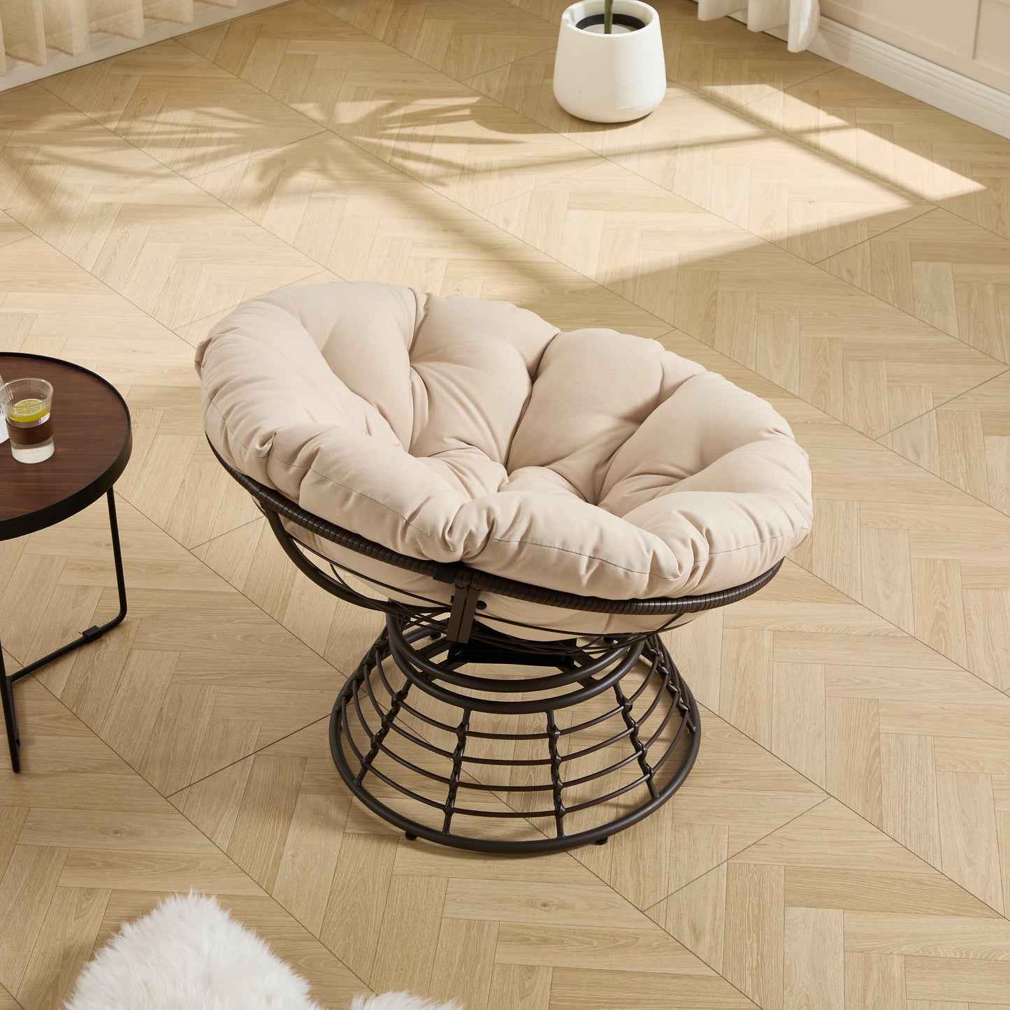 Comfortable Ergonomic Wicker Papasan Chair, 360° Swivel Indoor Outdoor Rattan Chair with Soft Thick Cushion, Ideal for Living Room, Bedroom, Reading Room, Brown Frame with Beige Cushion