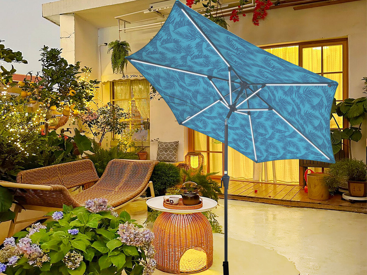 9FT UMBRELLA WITH LIGHT Pattern + Cyan