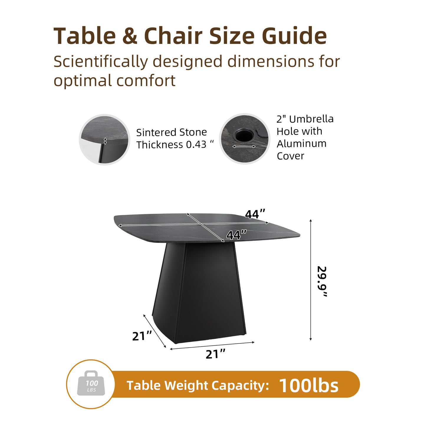 Modern 44" Rounded Square Outdoor Pedestal Dining Table, Black Sintered Stone Top, Flared Pyramid Aluminum Pedestal Base, Weather-Resistant, Rust-Free, for Patio, Deck, Poolside, Balcony – Seats 4