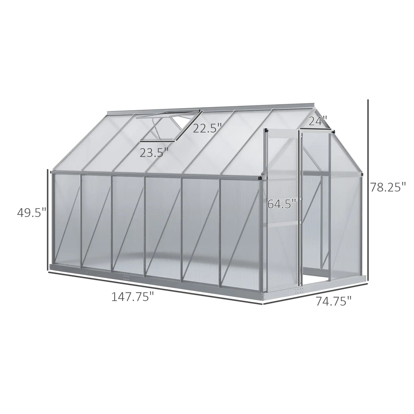 Silver  Walk-in Heavy Duty greenhouse 12.3' W x 6.2' D x 6.5' H Greenhouse with Aluminum Frame  for Winter