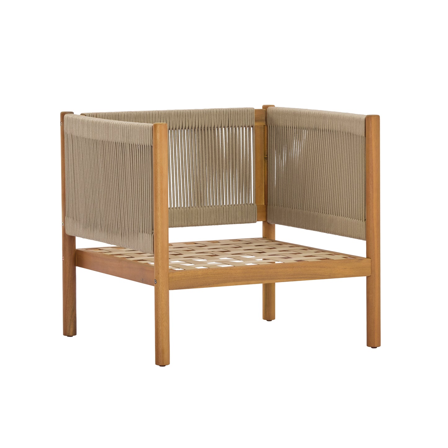 Outdoor Club Chair with Acacia Wood Frame in Teak Look, Beige Rope Panels and Cream Cushions