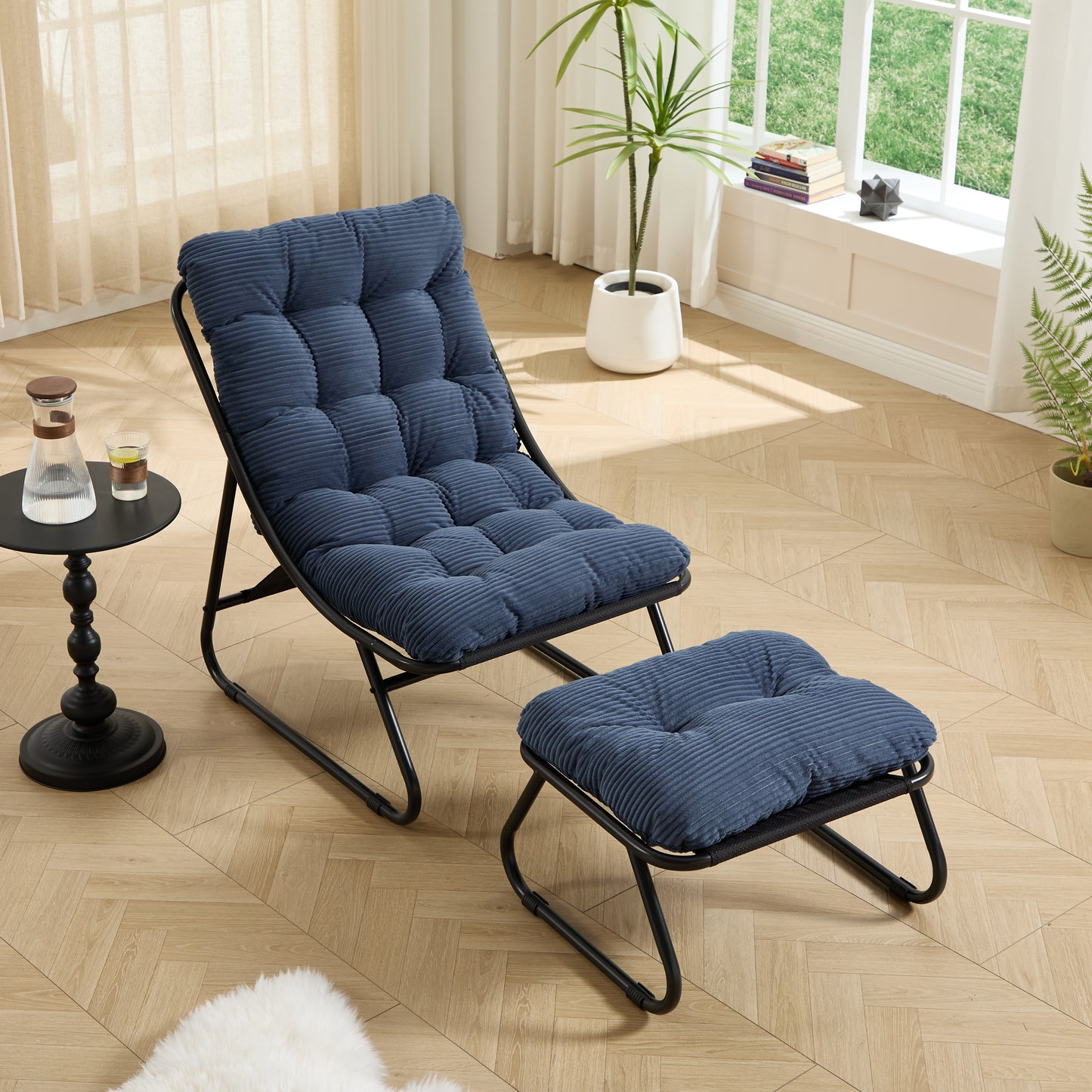 Patio Outdoor Lounge Chair with Ottoman, Comfy Sling Recliner Chair with Puffy Cushion and Foot Stool,  Ideal for Living Room, Bedroom, Reading Room, Black frame with navy blue cushion