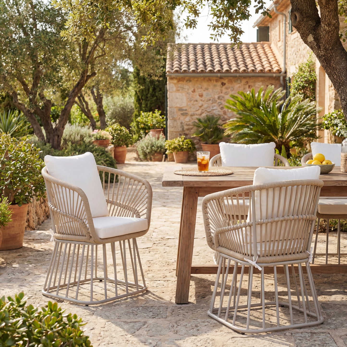 Outdoor Dining Chair MP1 - Teak Finish Wicker & Beige Steel Frame, 300LBS Weight Capacity, Includes Cushion