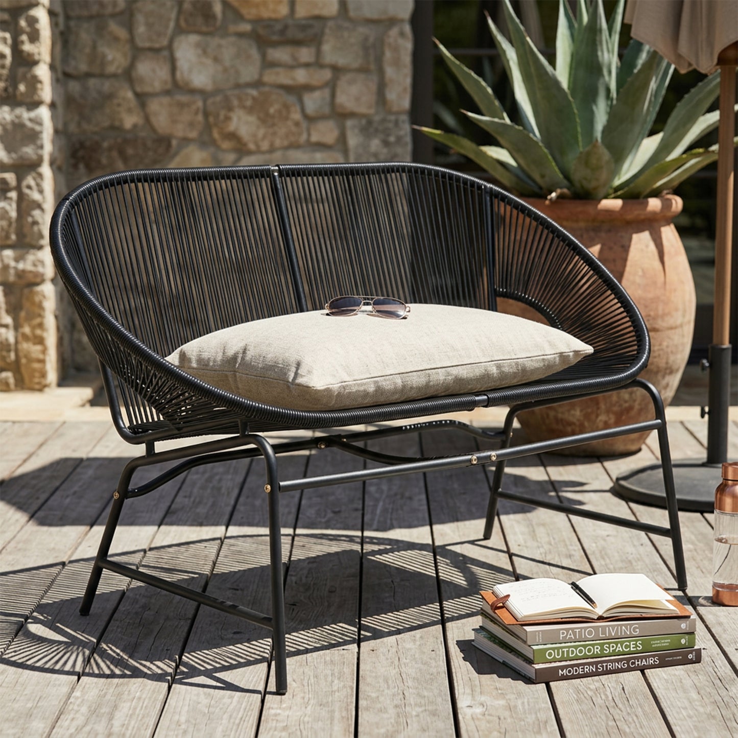 CONDESSA OUTDOOR PATIO WICKER LOVE SEAT, BLACK PE RATTAN & IRON FRAME, SET OF 1