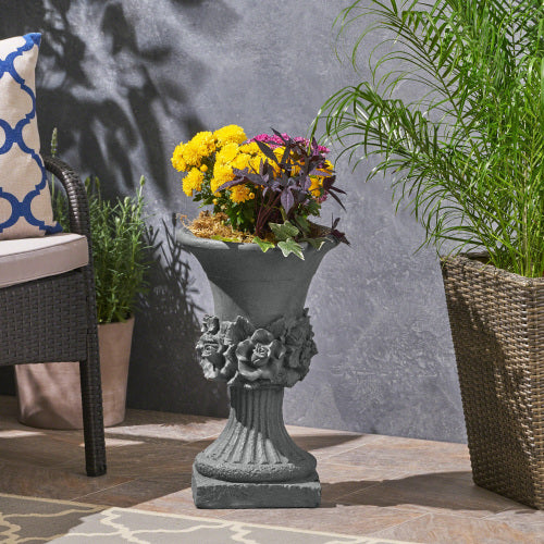 11.75 in. W x 19.5 in. H Gray Garden Urn Planter, Lightweight Concrete Plant Planter, Antique-Inspired Design