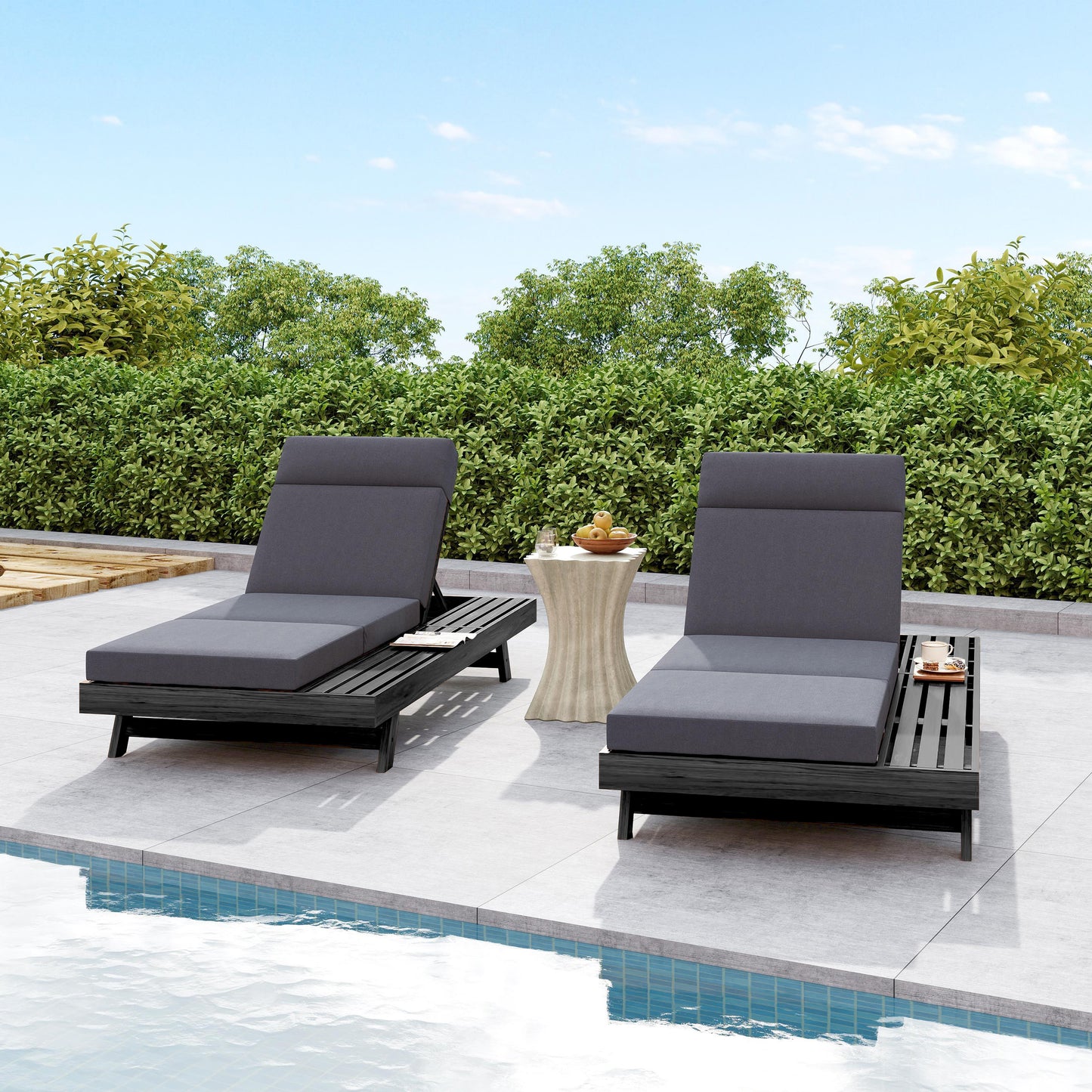 Lounge Chaise Set With Headrest, Space Available On One Side, Acacia Wood In Black With Water-Resistant Lounge Cushions (Dark Grey & 3-Fold & 4 Inch) – Matching Cream/Beige Version Available
