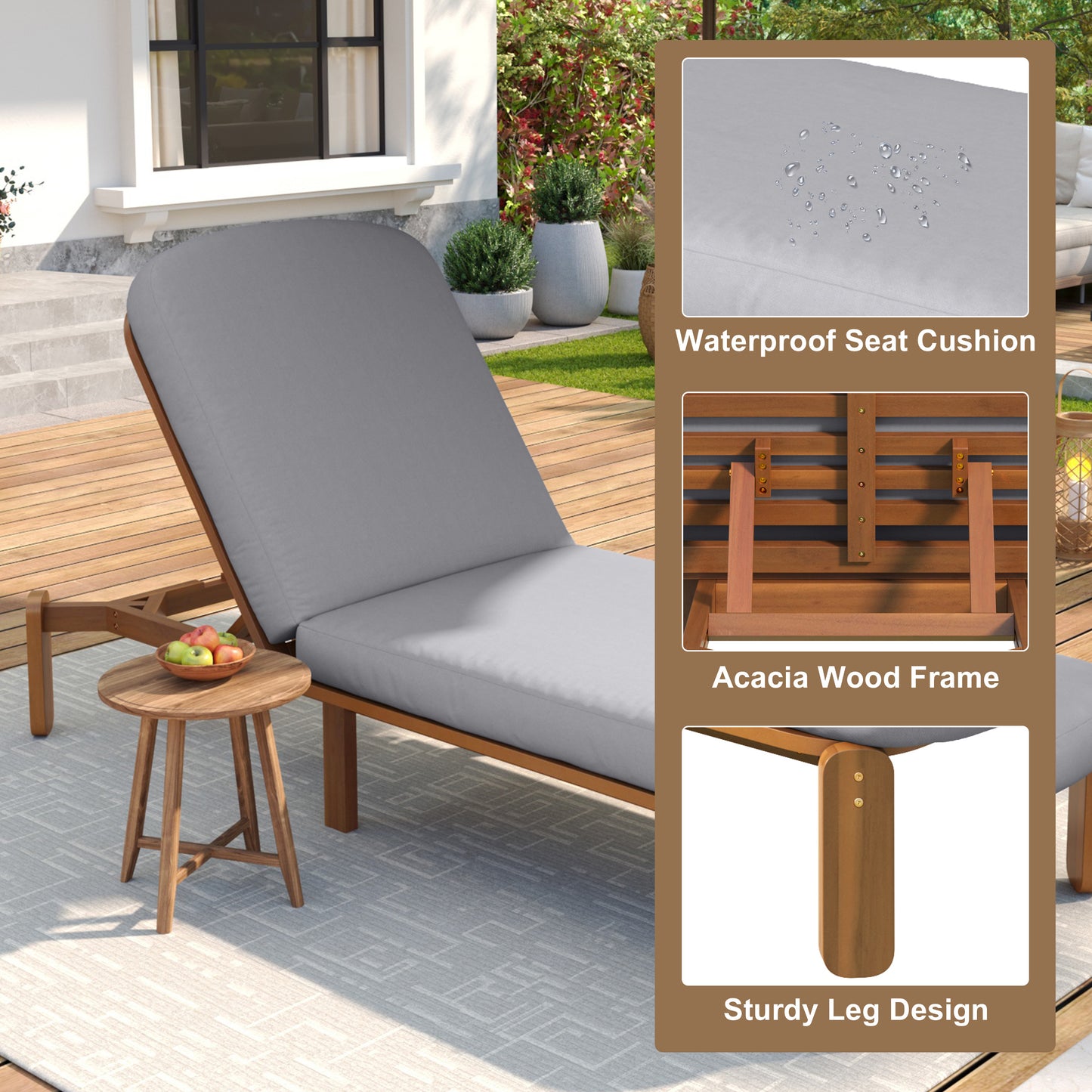 Outdoor Chaise Lounge Adjustable Patio Chaise Outdoor Reclining Chair Pool Lounge Chair with Adjustable Backrest for Patio, Poolside or Beach, Grey