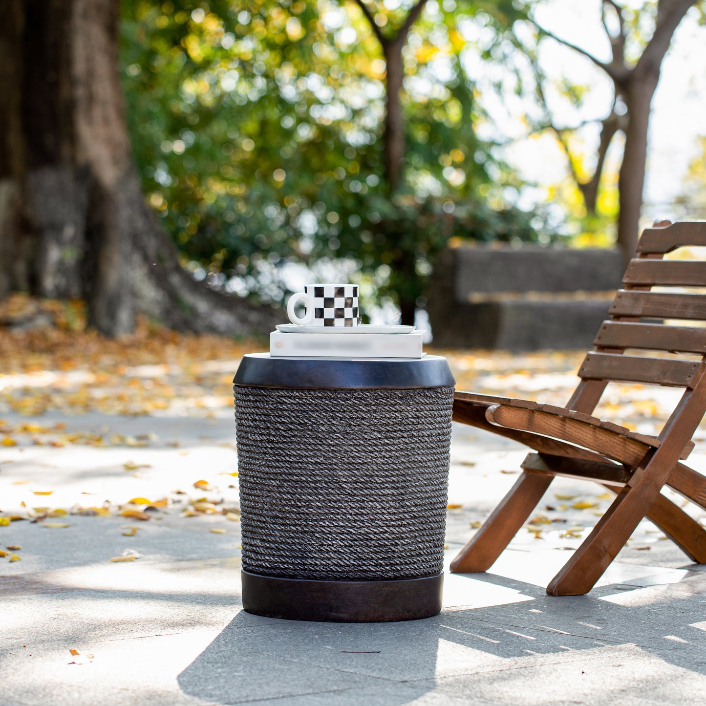 Outdoor Dark Brown Simulated Braided Cord MGO Side Table with Vintage Trim – Indoor Retro Cylindrical End Table for Home & Patio Decor
