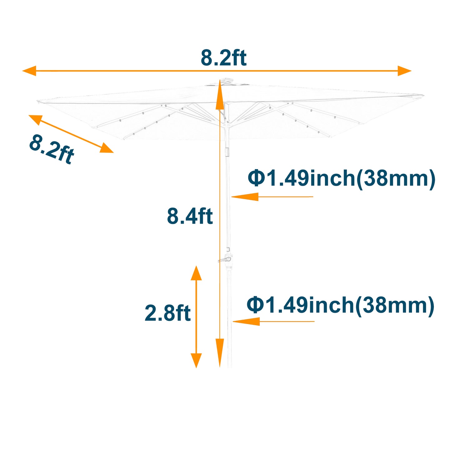 Square 2.5X2.5M Outdoor Patio Umbrella Solar Powered LED Lighted Sun Shade Market Waterproof 8 Ribs Umbrella with Crank and Cross Base for Garden Deck Backyard Pool Shade Outside Deck Swimming Pool