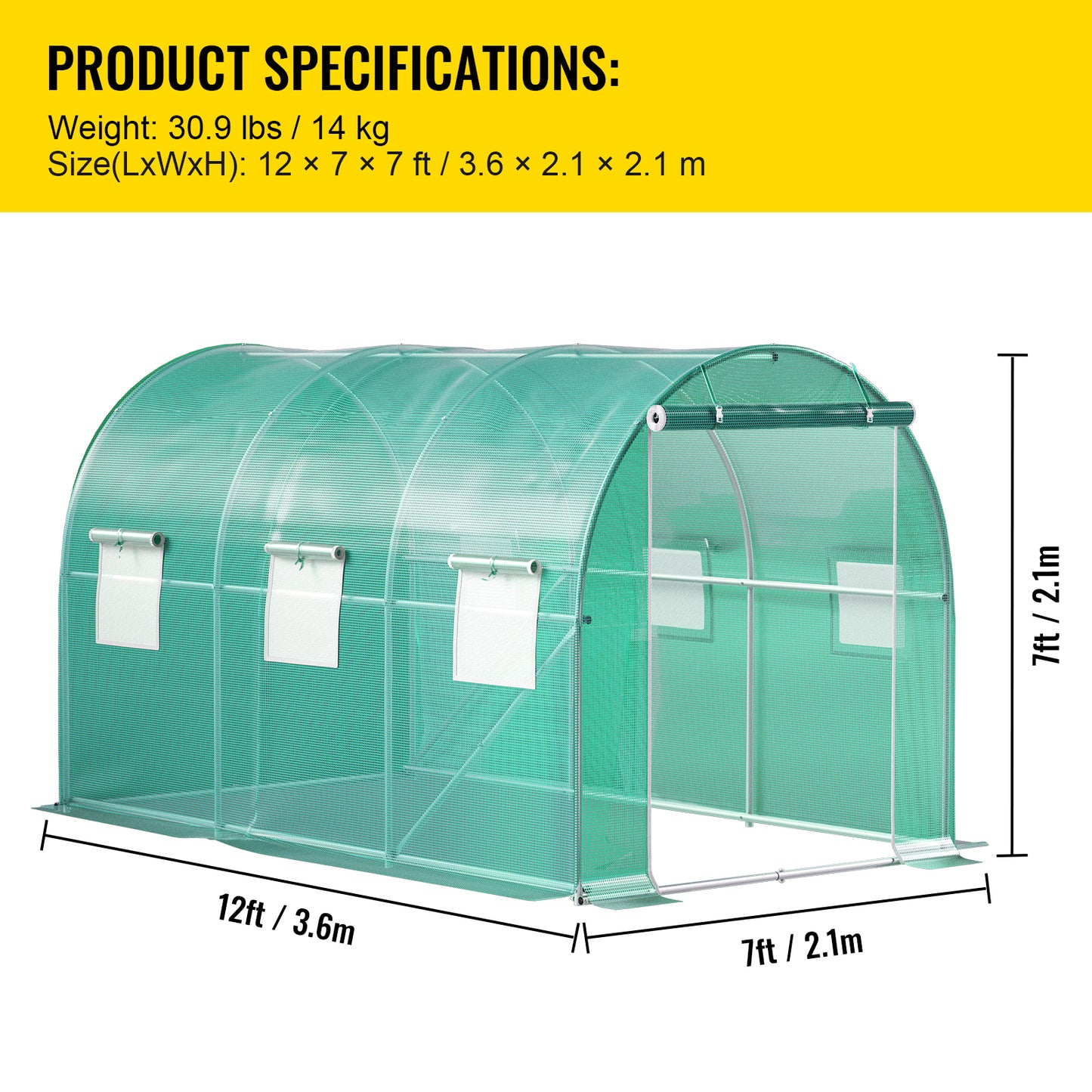 Walk-in Tunnel Greenhouse, 12 x 7 x 7 ft Portable Plant Hot House w/ Galvanized Steel Hoops, 1 Top Beam, Diagonal Poles, Zippered Door & 6 Roll-up Windows, Green