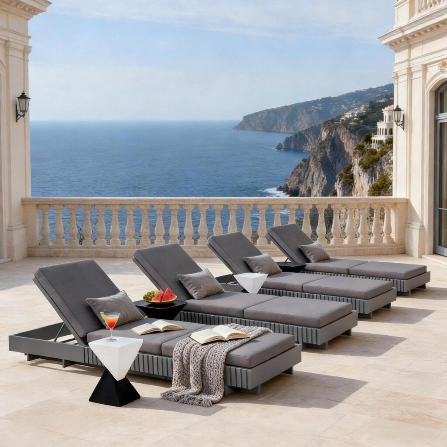 Dark Grey Acacia Solid Wood Outdoor Chaise Lounge with  Dark Grey 3-Fold Water-Repellent Cushion, 400lbs Capacity,  Modern Patio Sun Lounger for Garden, Poolside