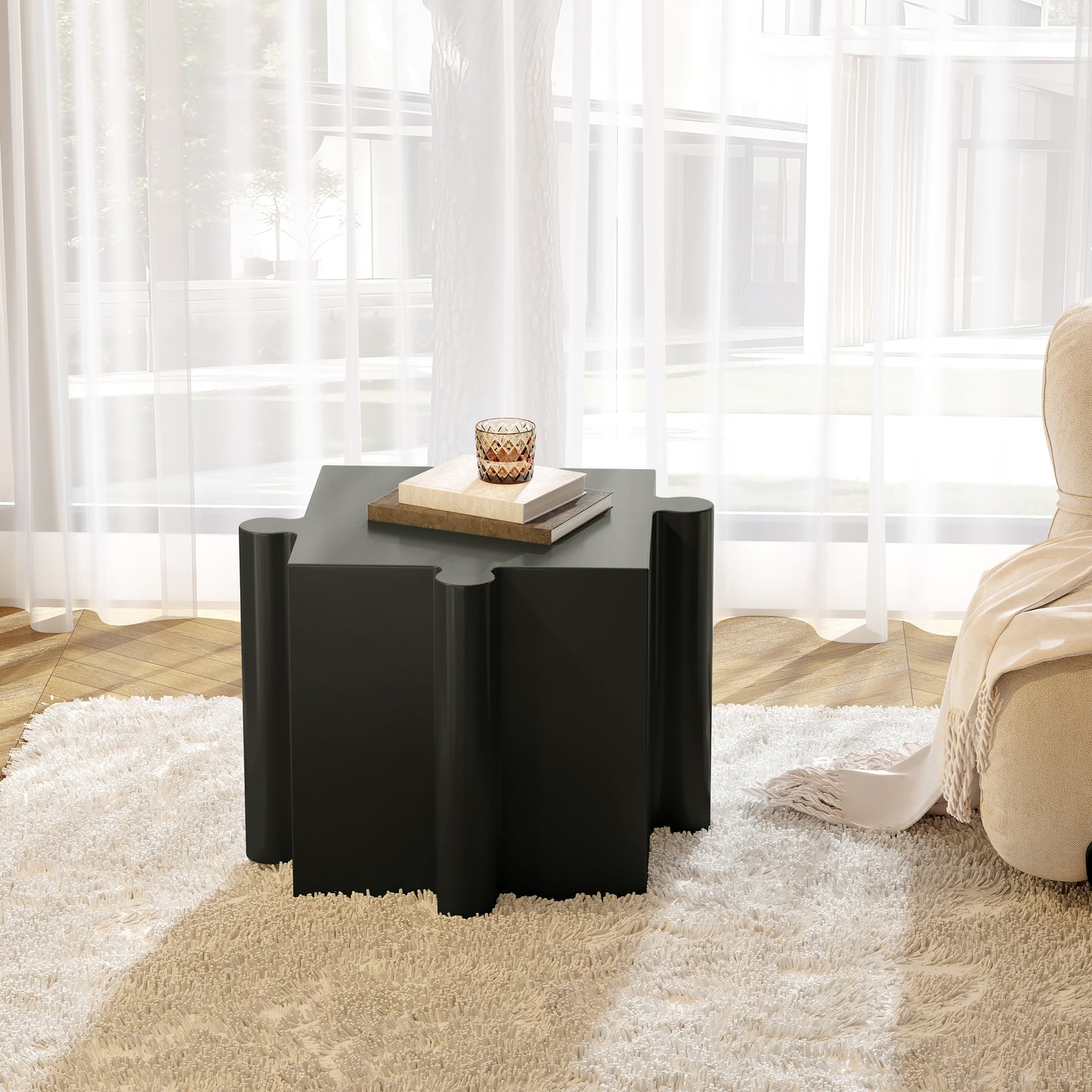 3-Piece Artistic Puzzle Table Set,Modular MGO Side Tables with Interlocking Design (2 Convex & 1 Concave), 200lb Capacity for Indoor & Outdoor,Black Color