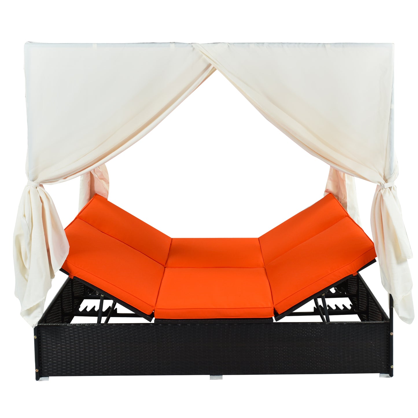 U_STYLE Outdoor Double Chaise Lounge Daybed with Curtains,Patio Outdoor Sunbed with Adjustable Backrest, Sturdy Steel Frame Loveseat Sofa for Backyard,Poolside, Terrace