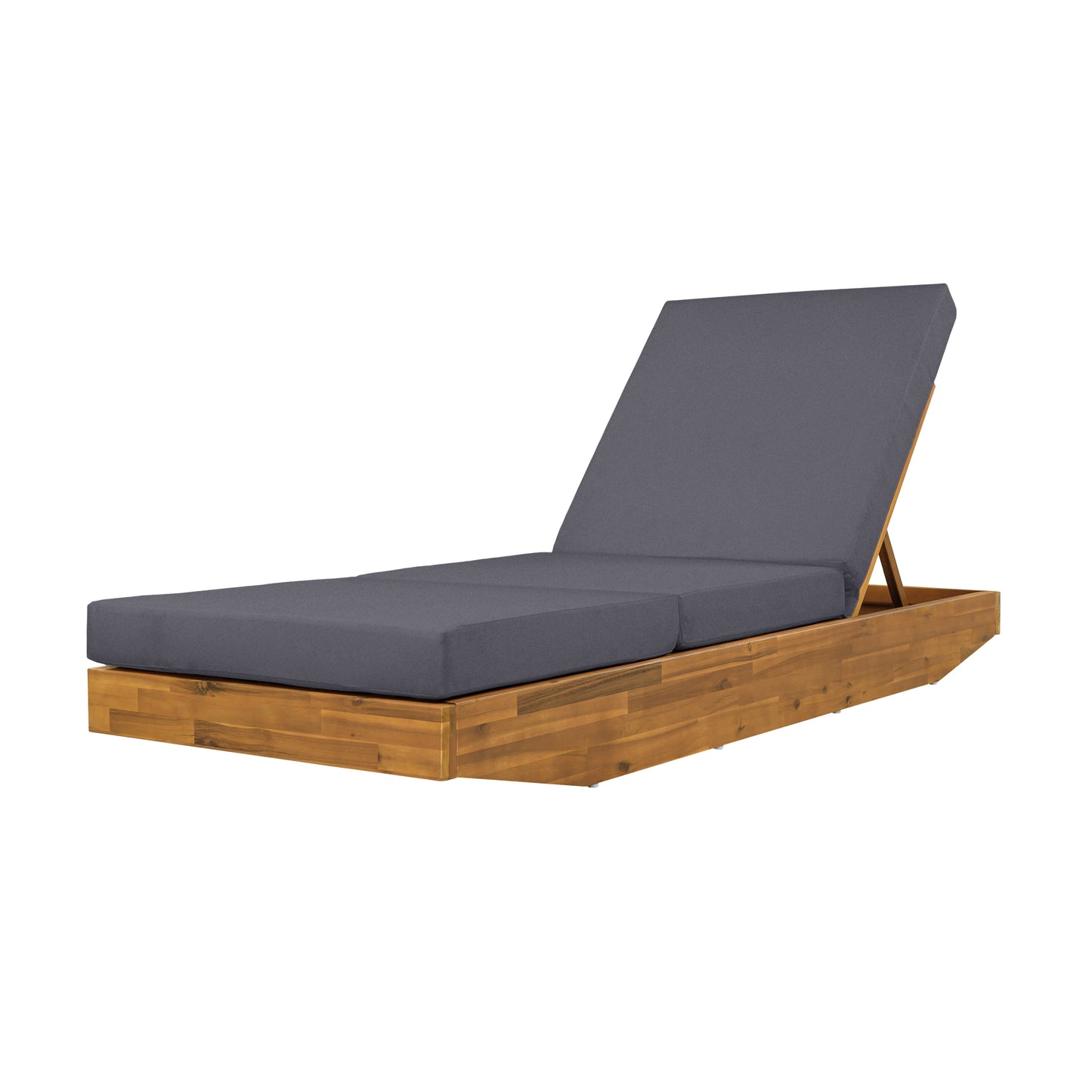 Acacia Wood Chaise Lounge with Cushion - Teak Finish Outdoor Recliner with Dark Grey 3-Fold Water-Repellent Cushion, 300lbs Capacity