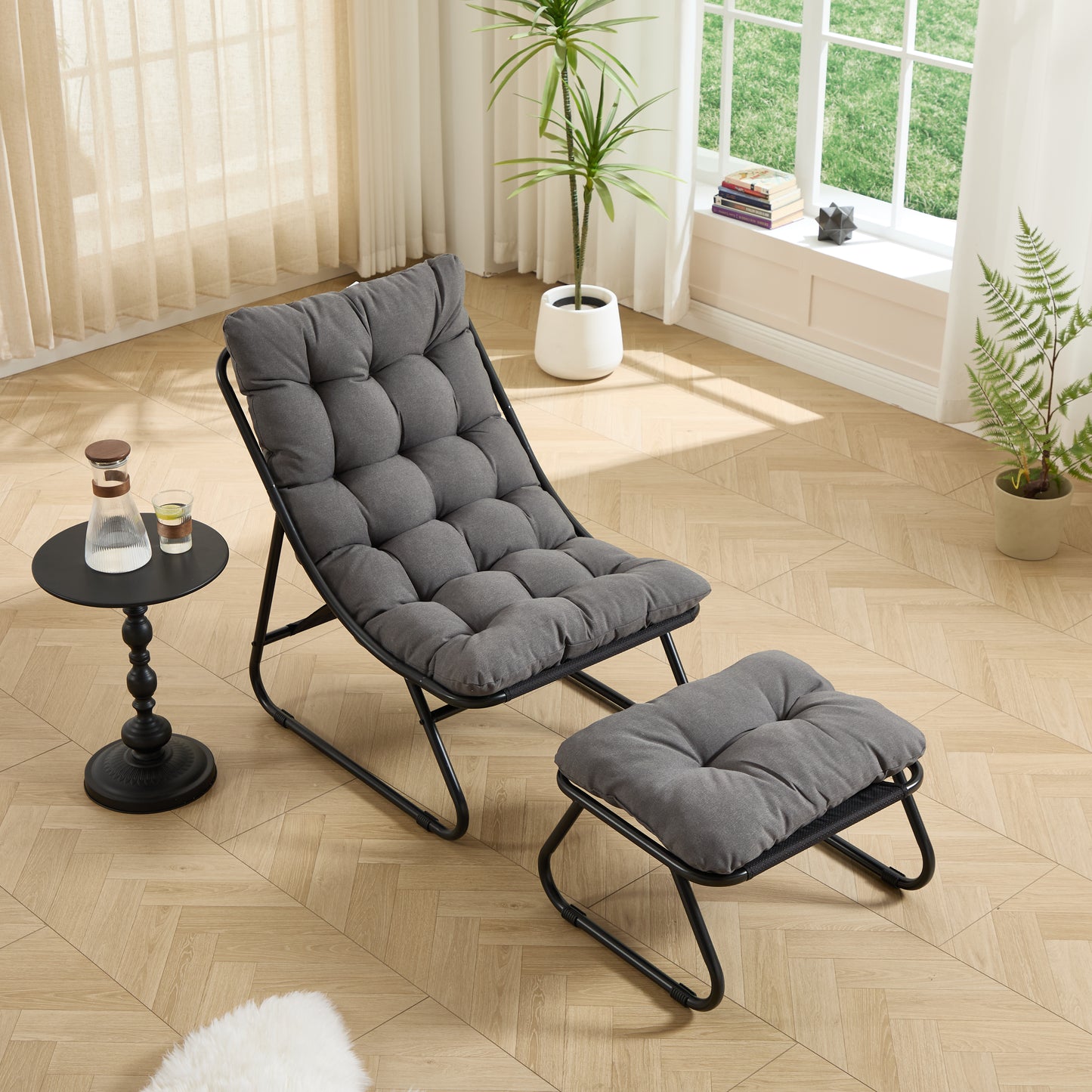 Patio Outdoor Lounge Chair with Ottoman, Comfy Sling Recliner Chair with Puffy Cushion and Foot Stool, Ideal for Living Room, Bedroom, Reading Room, Black frame with grey cushion