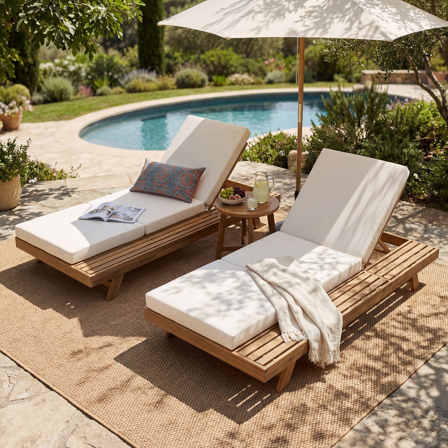 Lounge Chaise Set, Space Available On One Side, Acacia Solid Wood In light brown With Lounge Cushion (Cream & Triple Fold) – Matching Dark Grey Version Available