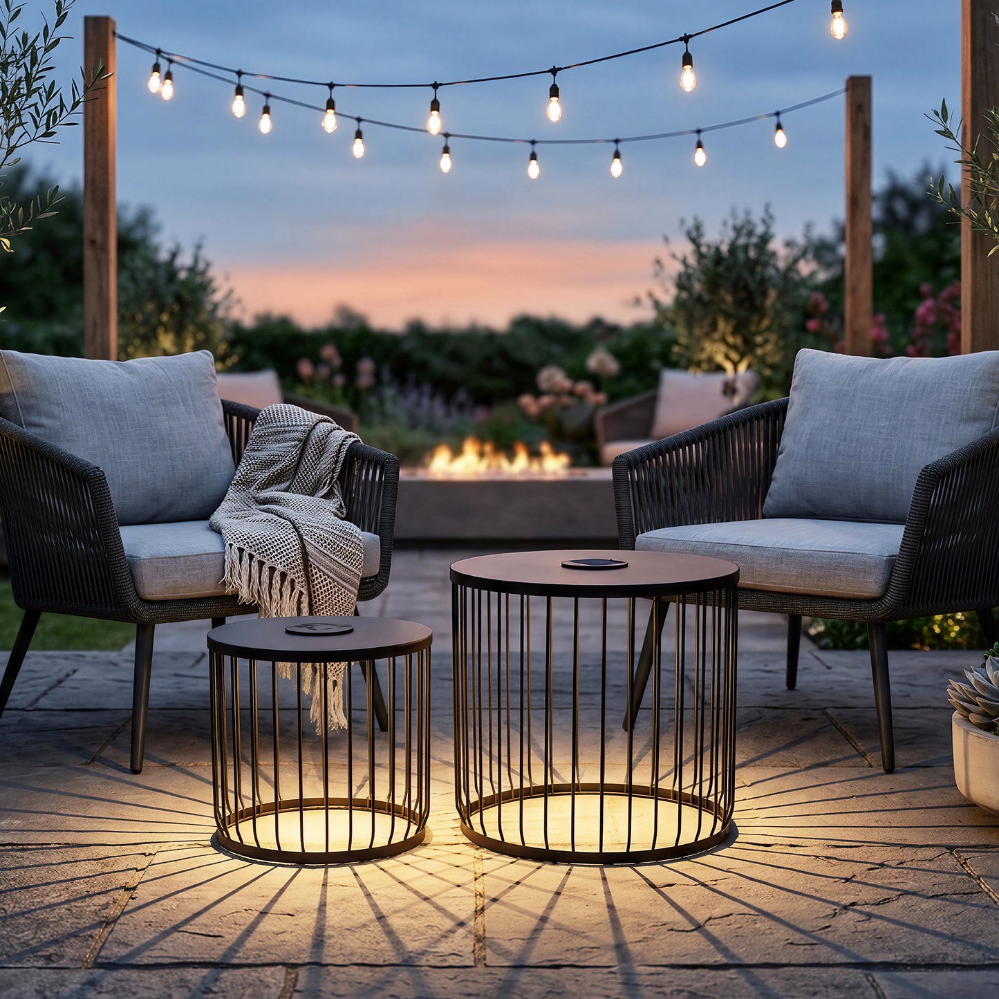 2-Pack Solar Powered Nesting Side Table Set, Modern Round End Tables with Solar LED Lights, Metal Wire Cage Accent Tables, Indoor/Outdoor Patio Nightstand for Living Room, Balcony, Garden, Matte Black