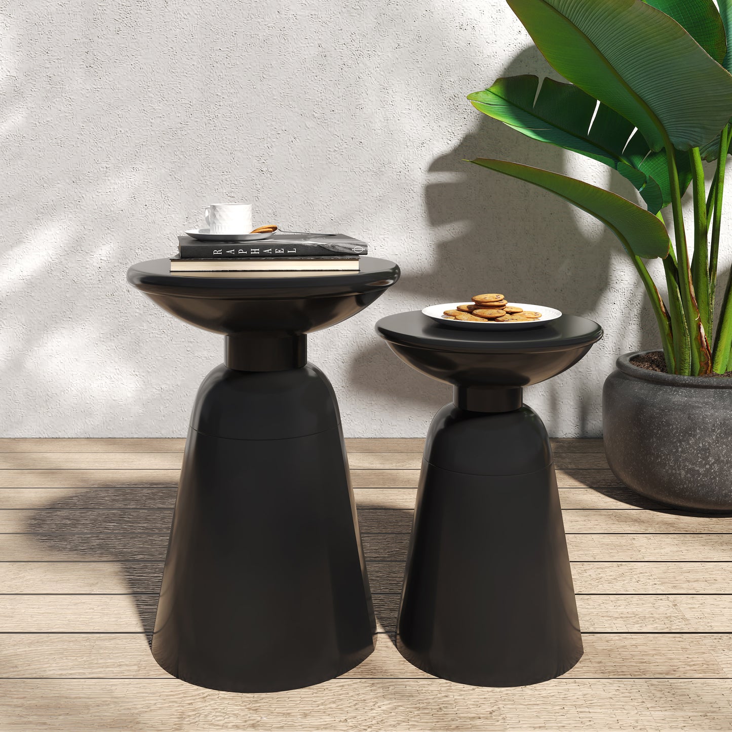 Serenita Outdoor Iron Side Tables with Flared Design, Set of 2 , Black
