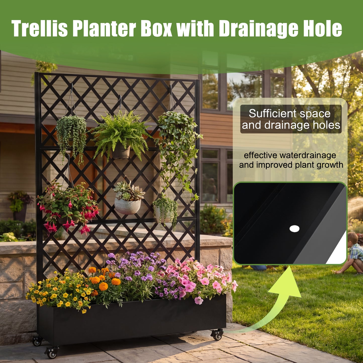 Metal Raised Garden Bed with Wheels and Trellis,73"x47"x16" Planter Box for Climbing Plants, Vegetables & Vines, Features Privacy Screen and Drainage Holes