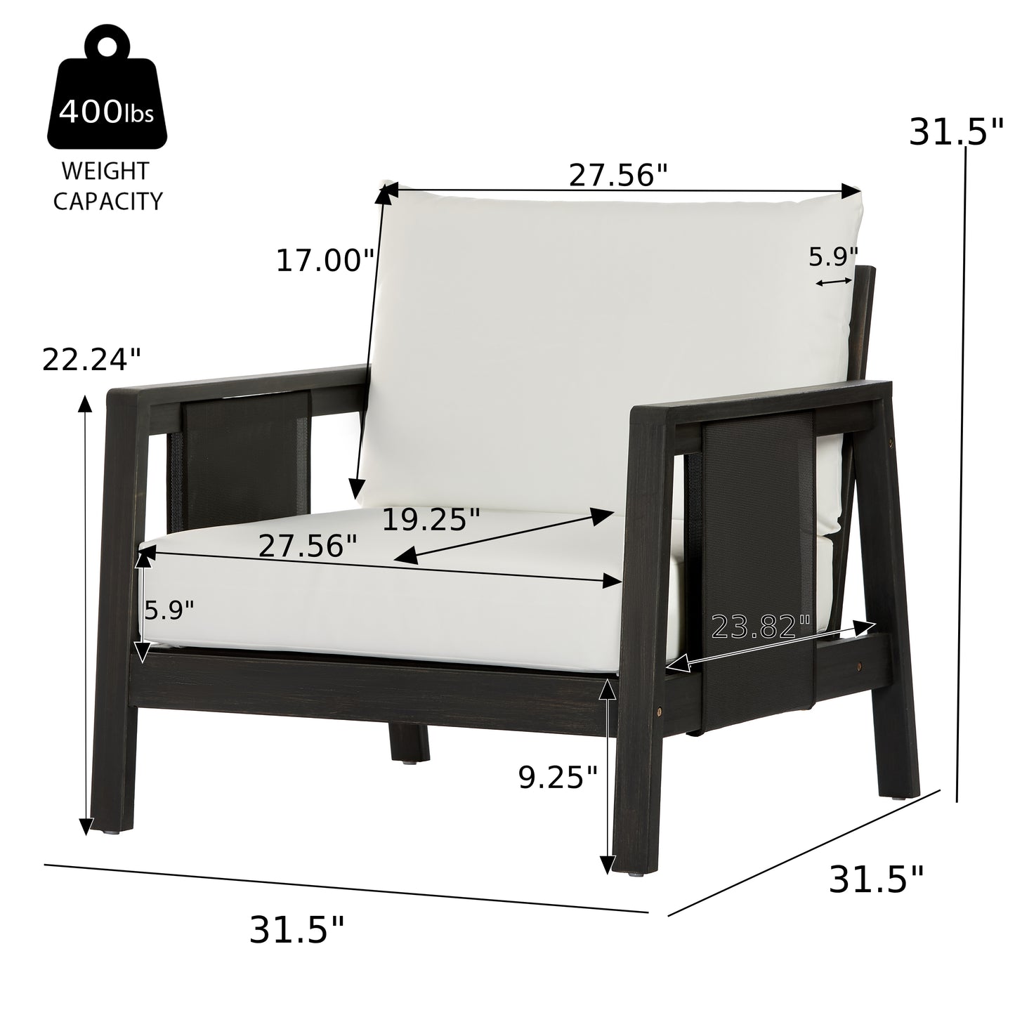 Outdoor Club Chair, Acacia Wood Frame with Black Textilene Accents, Water-Repellent White Cushions for Patio/Backyard/Deck