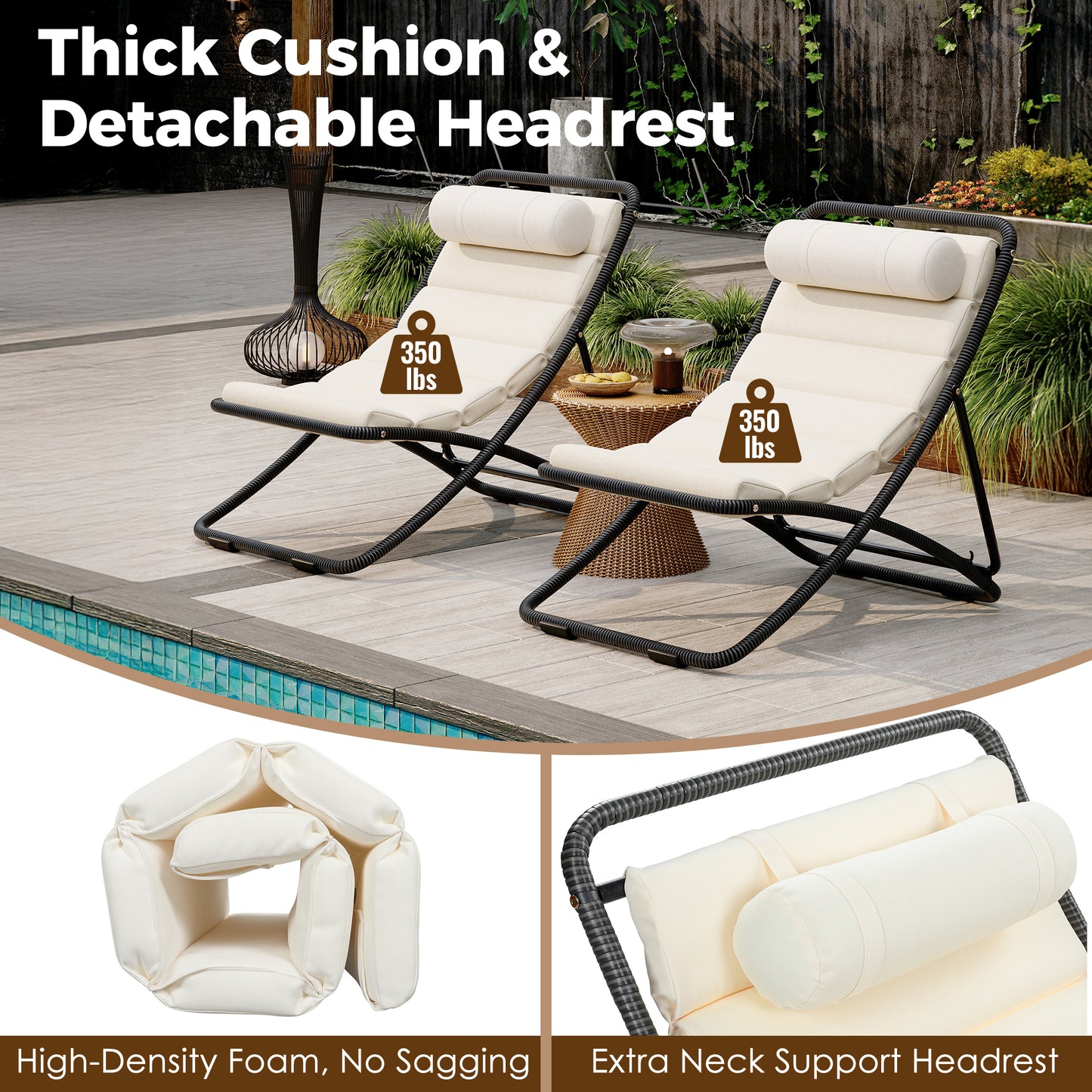 TREXM 2-Pieces Outdoor Folding Chair, Rattan-Wrapped Patio Chair with Adjustable Backrest, Thick Cushion, and Detachable Headrest ,for the Poolside, Beach, Backyard, Decck, and Camping (Black)