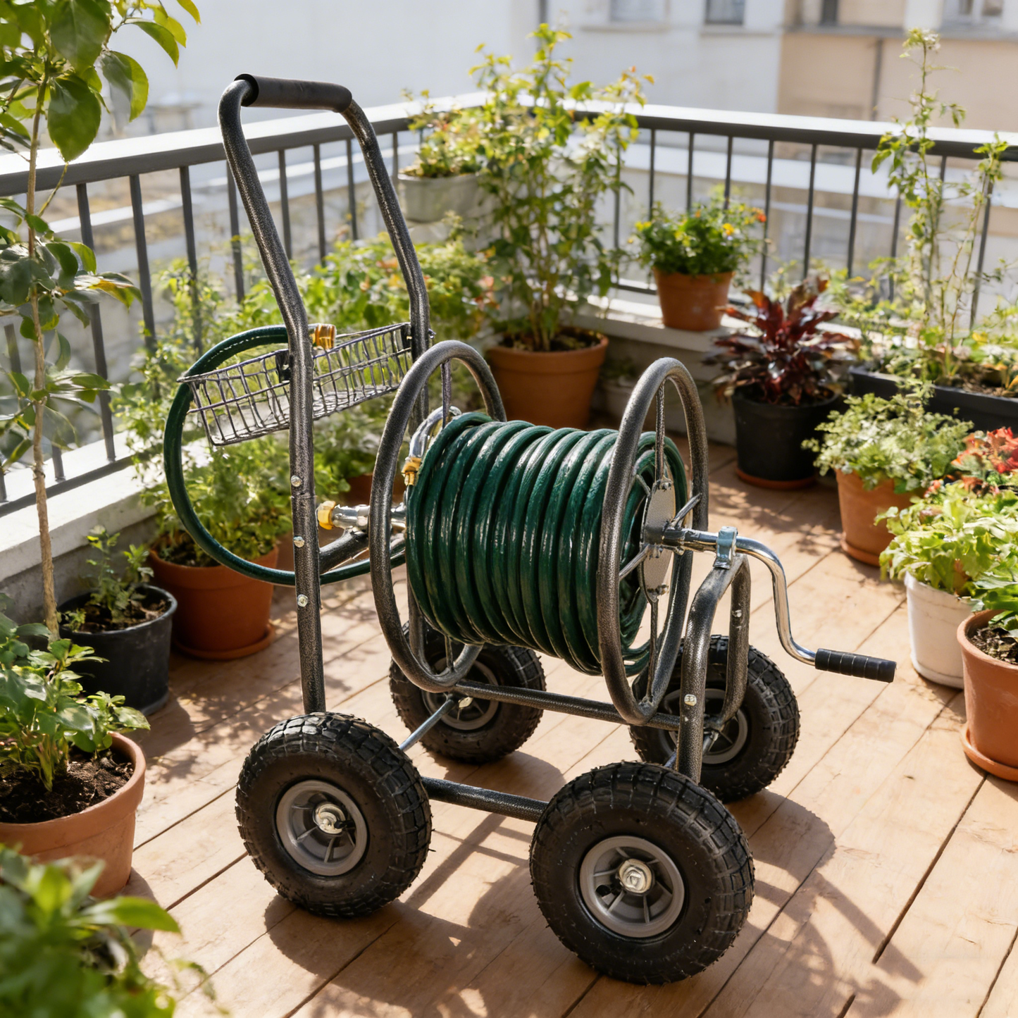 Garden Hose Reel Cart - 4 Wheels Portable Garden Hose Reel Cart with Storage Basket Rust Resistant Heavy Duty Water Hose Holder